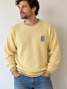 Vintage Pacific Coast Golfwear Butter Yellow Cotton Diamond Knit Sweater M USA
